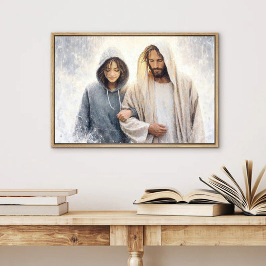 Modern Christian Art piece titled trust in jesus, woman and jesus walking together.