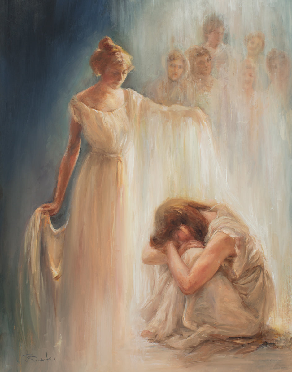 Heaven is with You by Beki Tobiasson Woman in White dress shielding a Woman curled up with her dress with other people in White in the background