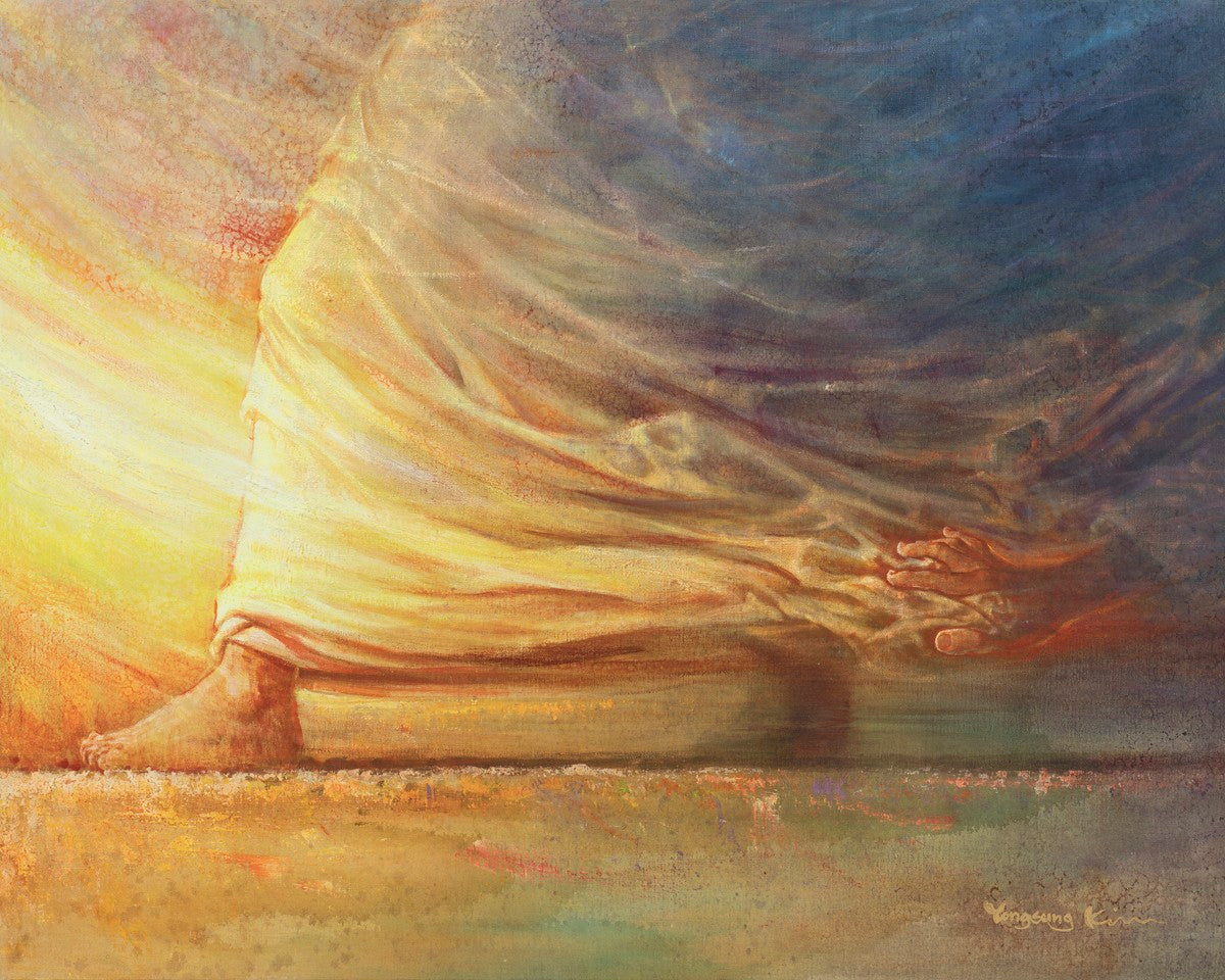 Touch of Faith is a painting that depicts a women with a issue of blood, who touched the Saviors clothes and was healed - Yongsung Kim | LDSArt.com | Christian Artwork