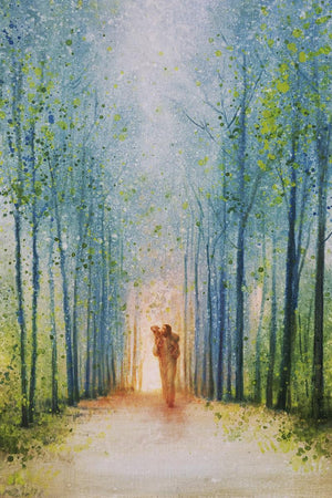 The Shepherd's Path is a painting that depicts Jesus Christ carry a lamb while walking down a narrow path in the forest - Yongsung Kim | LDSArt.com | Christian Artwork
