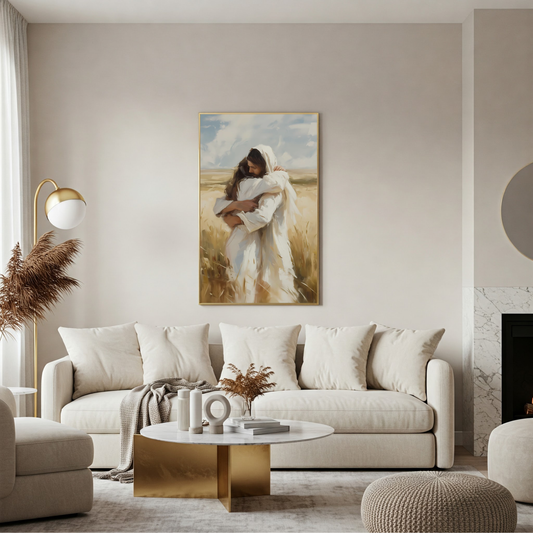 Picture of Jesus hugging a girl, hanging in a room — a tender reminder of love and comfort in pictures of Jesus.