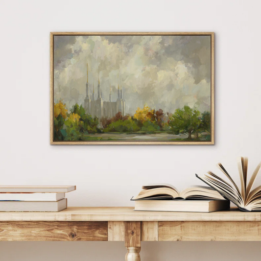Beautiful LDS temple art of the Washington DC Temple, painted and displayed on a wall, capturing its sacred beauty.
