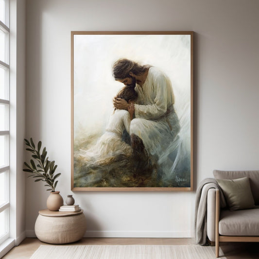 Modern Christian Wall Art - Jesus art in a christian home. Jesus holding young girl.