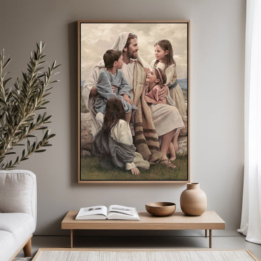 Christian Jesus Artwork titled Perfect Love by Del Parson, Jesus holding children painting.
