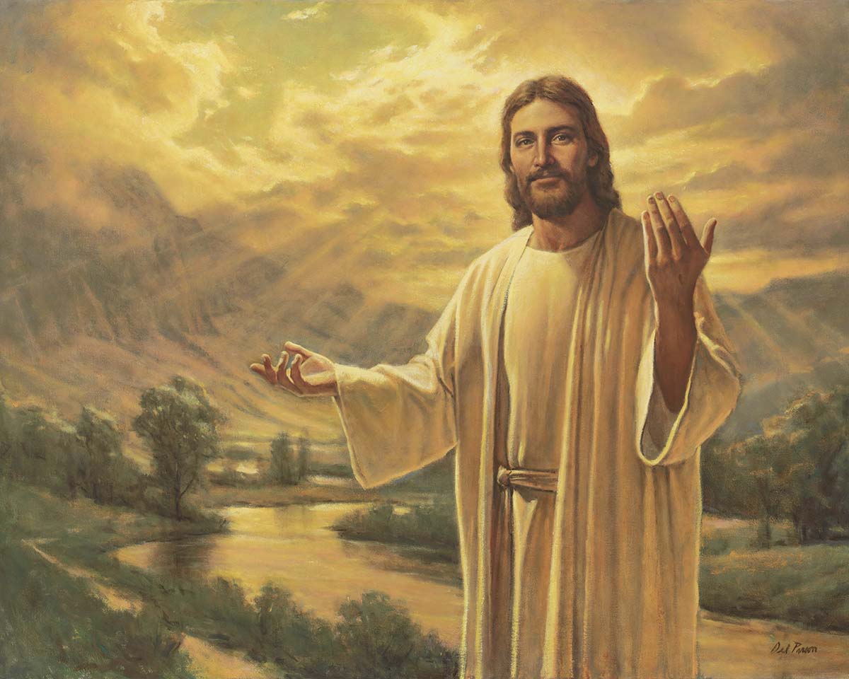 Come Follow Me by Del Parson jesus christ right hand extended left hand  beckoning tall mountains clouds river trees – LDSArt.com, image size:1200x960