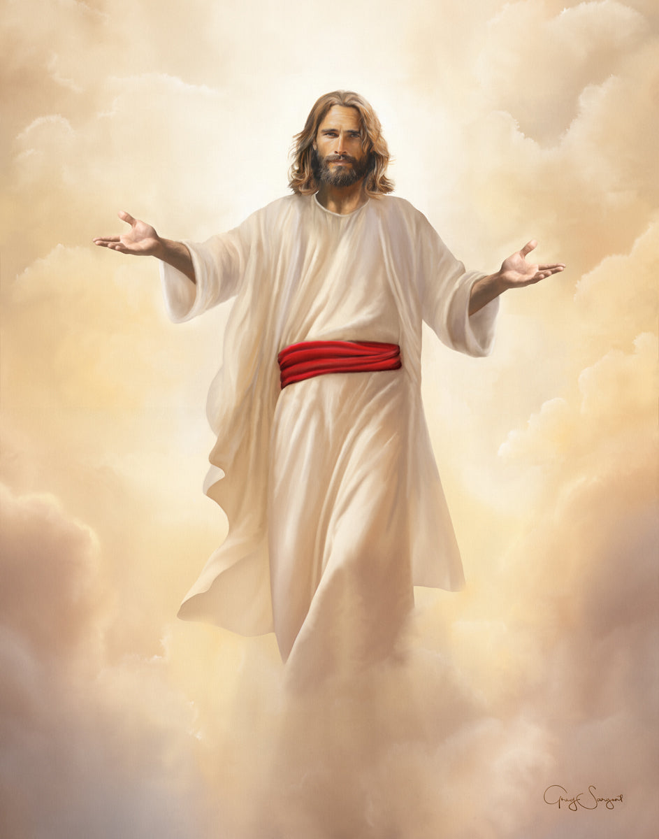 Clouds of Glory by Greg Sargent Jesus Christ wearing white robes with red  sash in golden clouds with arms outstretched – LDSArt.com, image size:943x1200