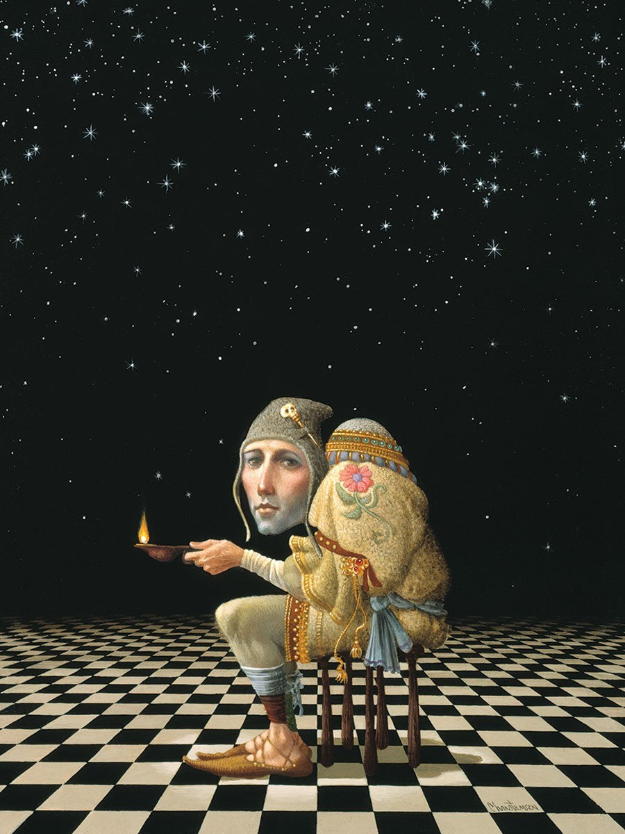 One Light by James Christensen features a humpback man sitting on