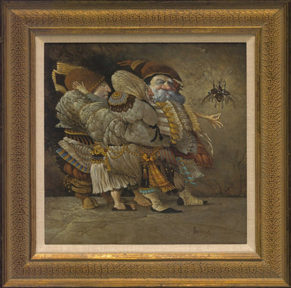 Three Scientists Debating The Aerodynamic Capabilities of The Dynastes Beetle Original Artwork