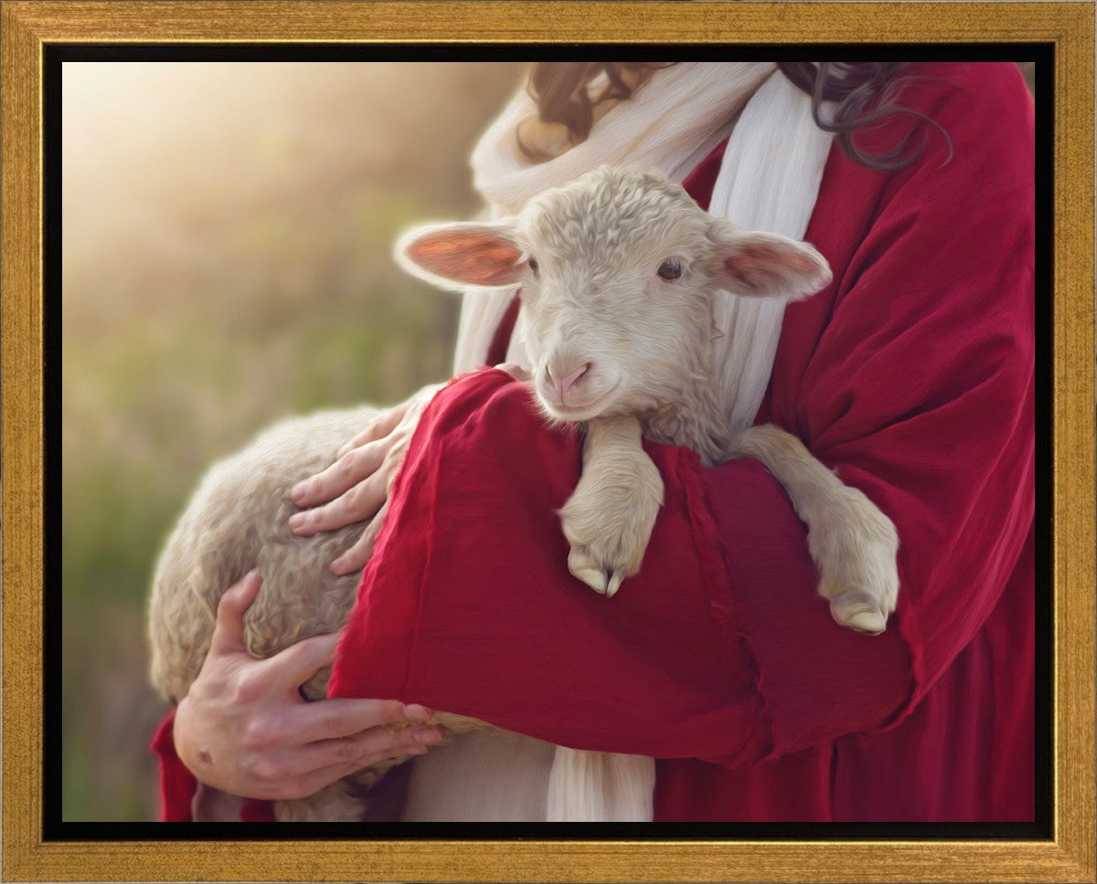 The Good Shepherd by Kristi Linton jesus christ holding a lamb red