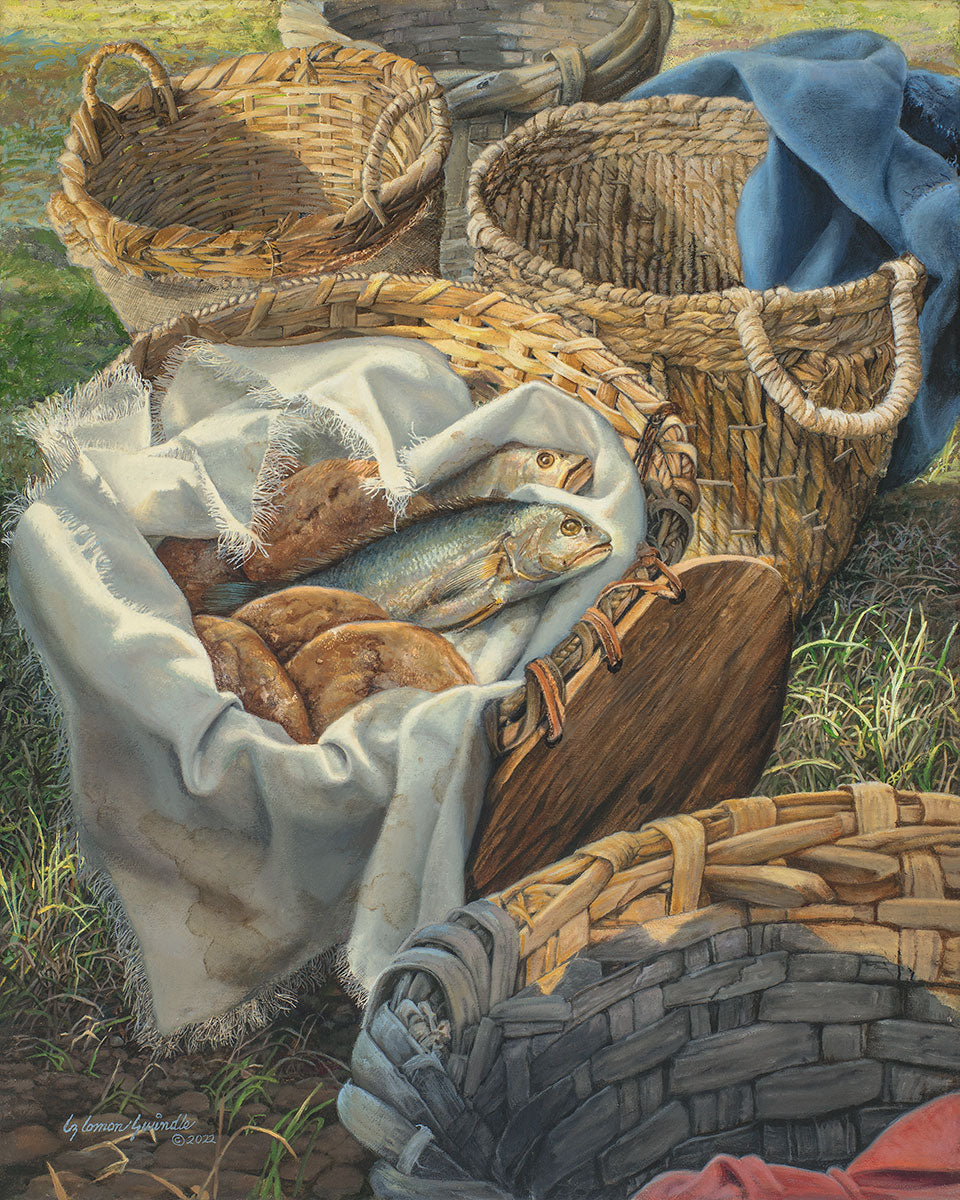 Loaves and Fishes by Liz Lemon Swindle is inspired by The Chosen Feeding of the 5000 shoot in Texas. The five loaves and two fish can be found in the basket in