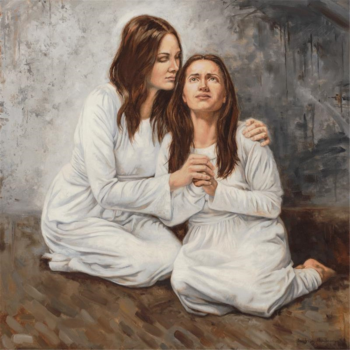 油絵　Partita No.2 雫　アート　加藤英人　SM ministering by sandy freckleton gagon two women in white robes