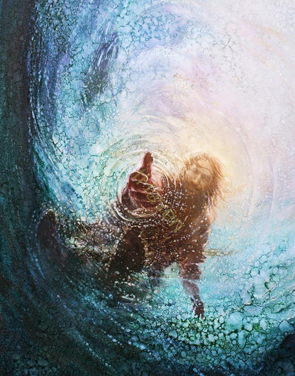 The Hand of God painting by Yongsung Kim is the Bible story of Jesus walking on water and saving Peter from drowning.