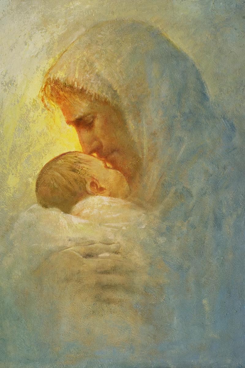 Abba is a painting that depicts Jesus Christ holds and caring for an baby - Yongsung Kim | LDSArt.com | Christian Artwork