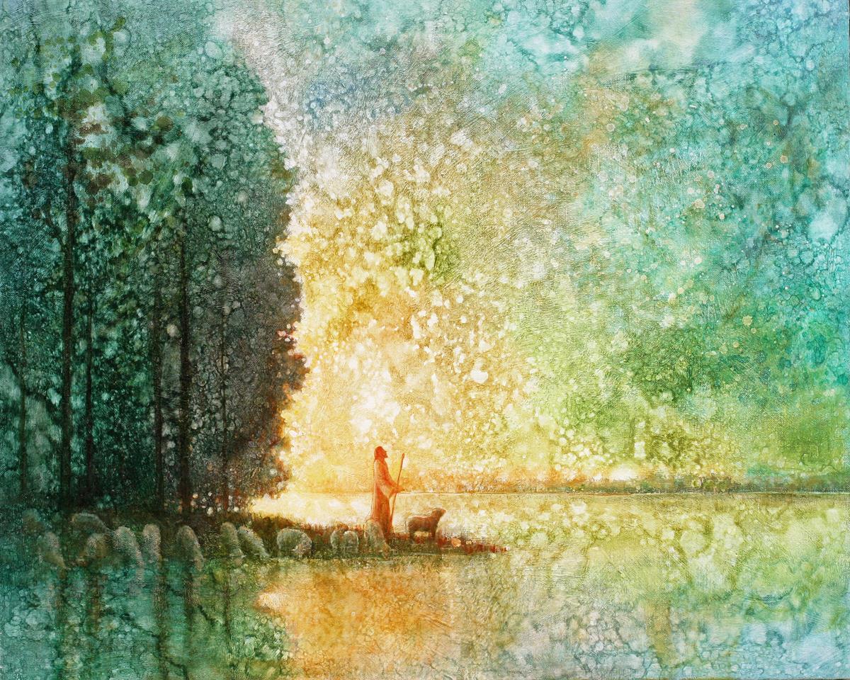 Beside Quite Waters is a painting that depicts Jesus Christ with a sheep at a lake shore - Yongsung Kim | LDSArt.com | Christian Artwork