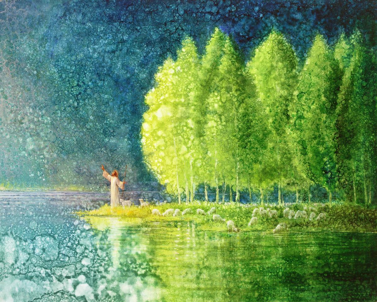 Beside Still Waters is a painting that depicts Jesus Christ with His sheep on the shoreline - Yongsung Kim | LDSArt.com | Christian Artwork