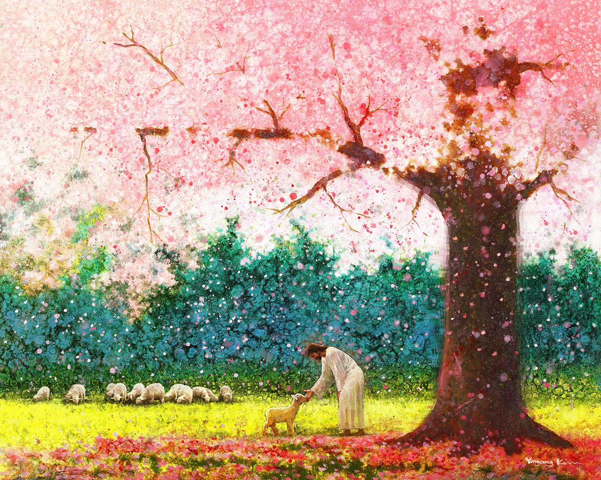 In Green Pastures is a painting that depicts Jesus Christ tending to a lamb under a beautiufl pink tree - Yongsung Kim | LDSArt.com | Christian Artwork