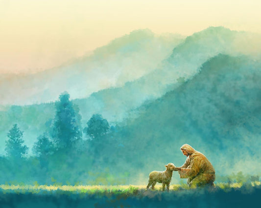 Little One is a painting that depicts Jesus Christ tending to a lost lamb amidst a large field - Yongsung Kim | LDSArt.com | Christian Artwork
