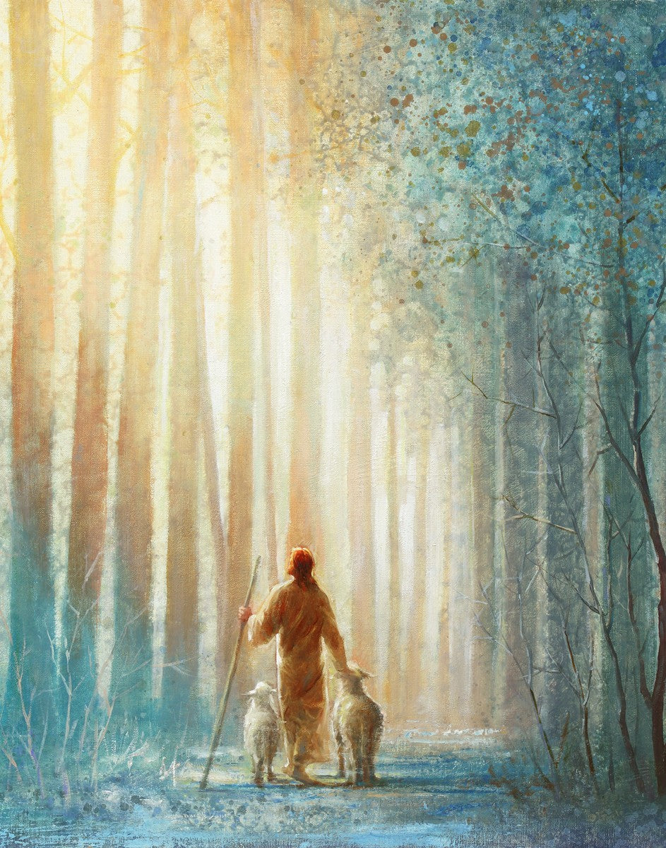He Leadeth Me is a painting that depicts Jesus walking down a trail with one of His sheep - Yongsung Kim | LDSArt.com | Christian Artwork