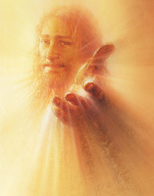 His Hand is Stretched Out Still is a painting that depicts Jesus Christ reaching forward with His saving hand - Yongsung Kim | LDSArt.com | Christian Artwork