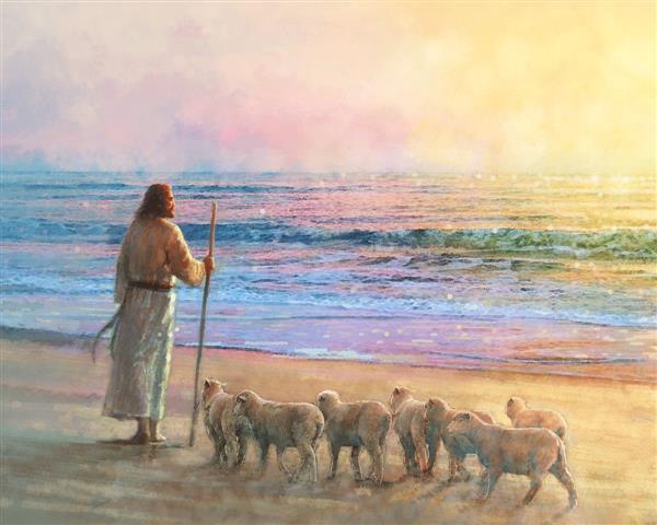 His Fold is a painting that depicts Jesus near an ocean shore with His sheep - Yongsung Kim | LDSArt.com | Christian Artwork