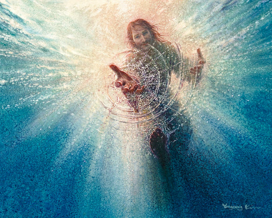 His Mighty Hand is a painting that depicts Jesus reaching down to save Peter from drowning - Yongsung Kim | LDSArt.com | Christian Artwork