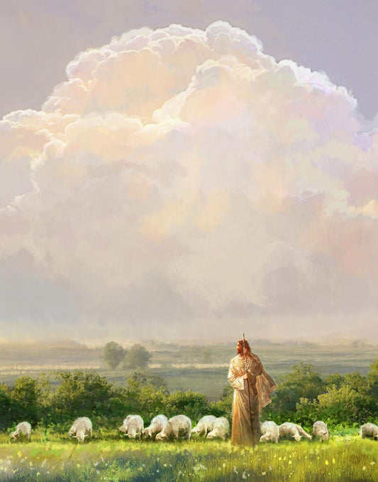 I Shall Not Want is a painting that depicts Jesus with His flock in beautiful field on a cloudy day - Yongsung Kim | LDSArt.com | Christian Artwork