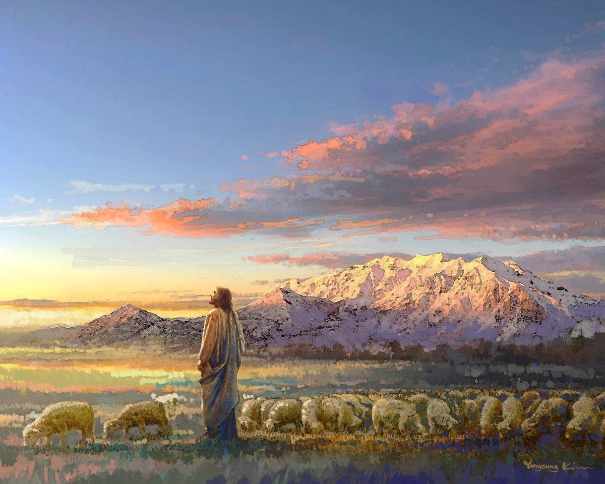 All His Majesty is a painting that depicts Jesus Christ with His flock of sheep near the mountains - Yongsung Kim | LDSArt.com | Christian Artwork