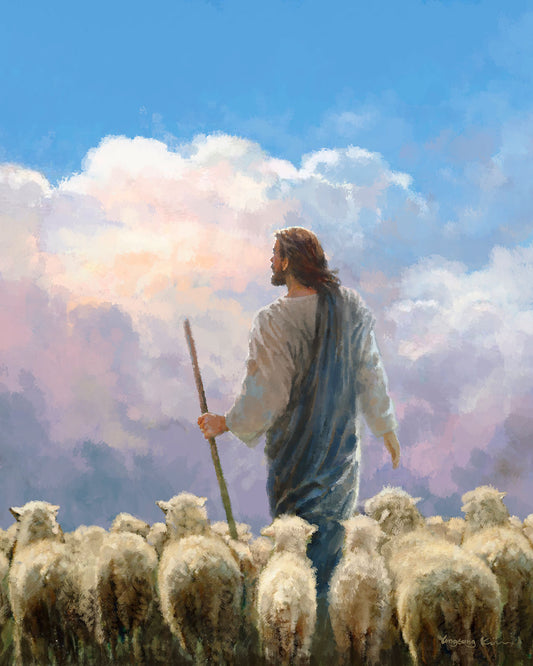 In His Keeping by Yongsung Kim Jesus Christ white robe blue robe staff sheep pink clouds blue clouds white fluffy clouds blue sky