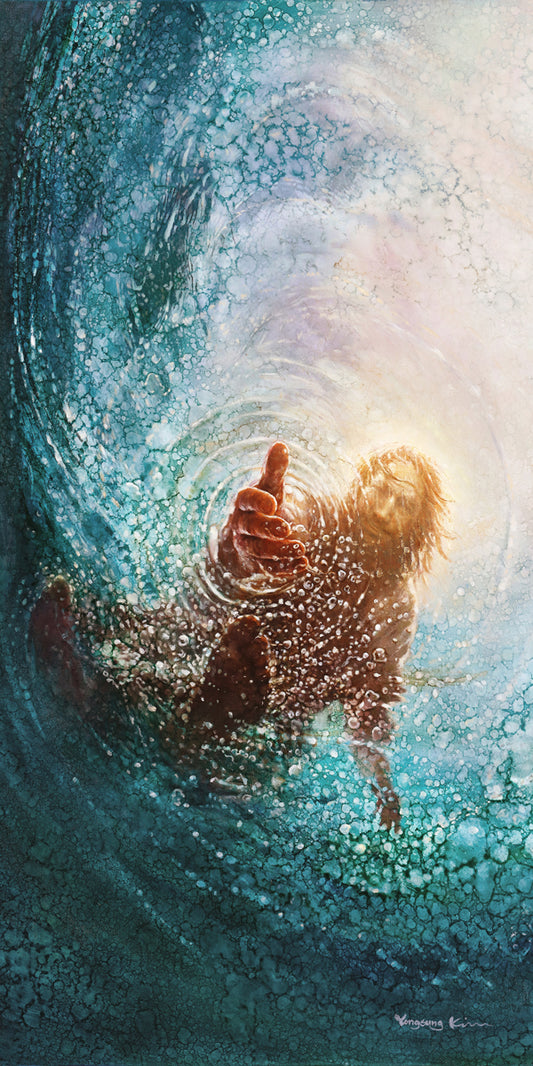 The Hand of God painting by Yongsung Kim is the Bible story of Jesus walking on water and saving Peter from drowning.
