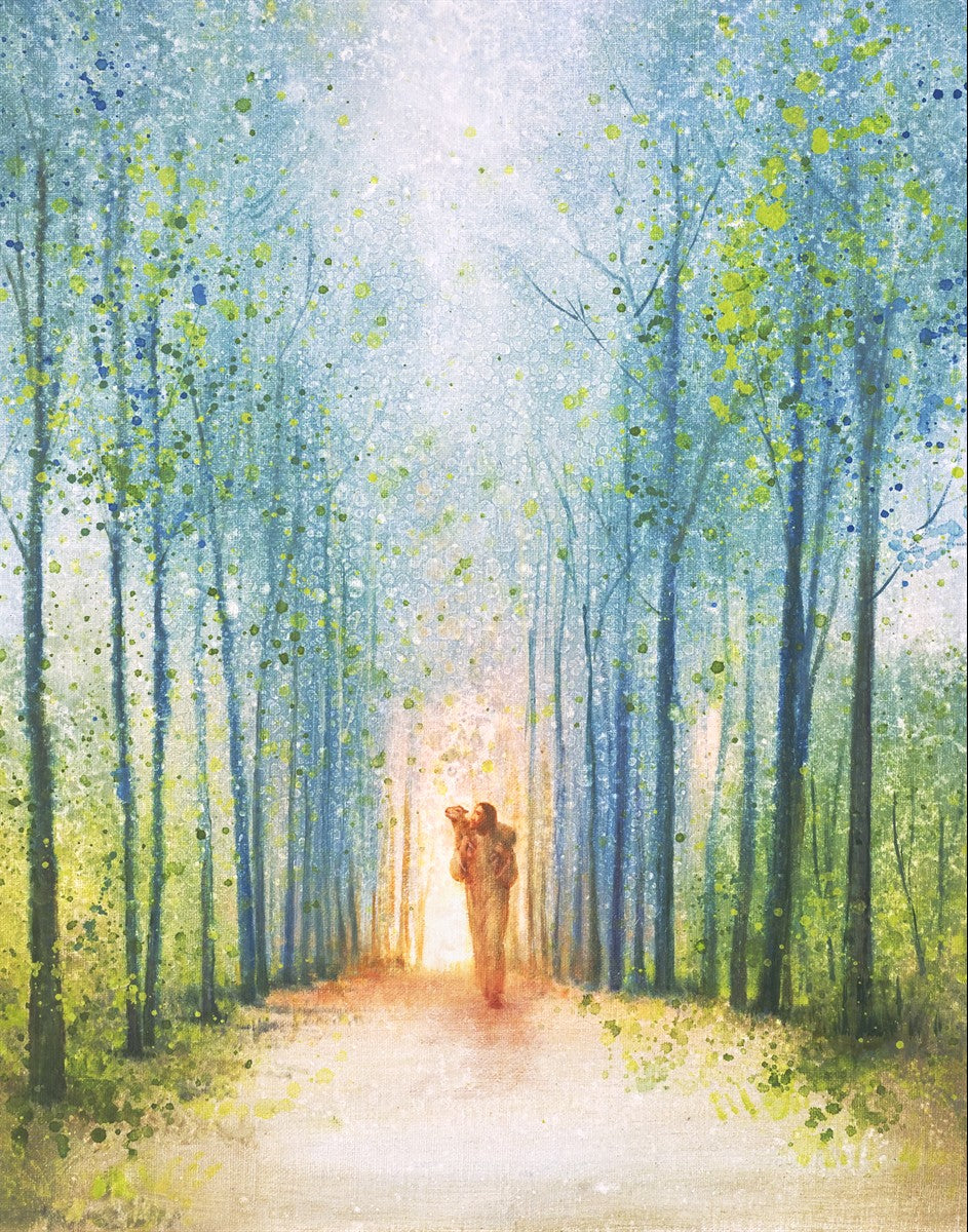 The Shepherd's Path is a painting that depicts Jesus Christ carry a lamb while walking down a narrow path in the forest - Yongsung Kim | LDSArt.com | Christian Artwork