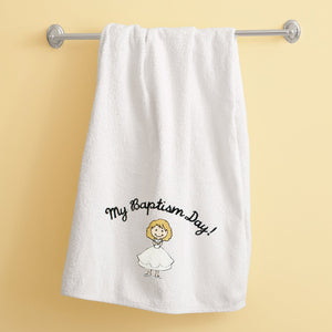 Blonde Girl Baptism Towel Embroidered with "My Baptism Day"