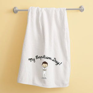 Brunette Boy Baptism Towel Embroidered with "My Baptism Day"