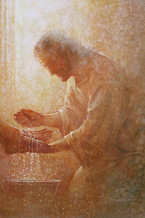 The Servant is a painting that depicts Jesus Christ washing the feet of His disciples - Yongsung Kim | LDSArt.com | Christian Artwork