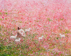 Shepherd's Rest is a painting that depicts Jesus Christ sitting with a lamb in a field of pink and red flowers - Yongsung Kim | LDSArt.com | Christian Artwork