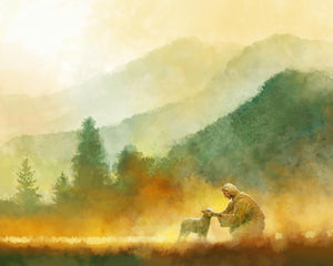 The Lost Sheep is a painting that depicts Jesus Christ saving a lost sheep in a field that has caught on fire - Yongsung Kim | LDSArt.com | Christian Artwork