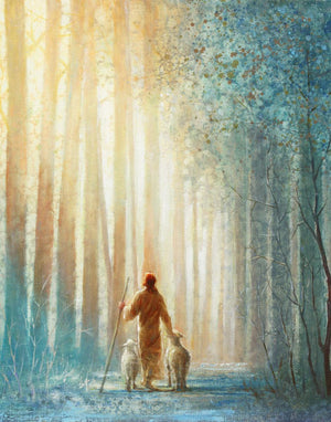 He Leadeth Me is a painting that depicts Jesus walking down a trail with one of His sheep - Yongsung Kim | LDSArt.com | Christian Artwork