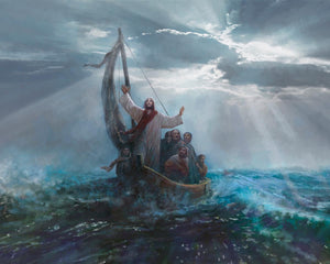 Peace Be Still is a painting that depicts Jesus Christ calming the raging sea amidst a storm - Yongsung Kim | LDSArt.com | Christian Artwork