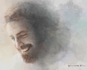Joy is a painting that depicts Jesus Christ smiling with immense happiness & joy - Yongsung Kim | LDSArt.com | Christian Artwork