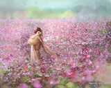 Calming Embrace painting depicts Jesus Christ holding a lost lamb in a field of pink and purple flowers - Yongsung Kim | Havenlight | Christian Artwork