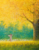 Sunshine In My Soul is a painting that depicts Jesus Christ standing under a big beautiful yellow tree while watching His flock - Yongsung Kim | LDSArt.com | Christian Artwork