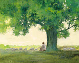 Morning Solace is a painting that depicts Jesus Christ sitting under a big green tree while watching His flock - Yongsung Kim | LDSArt.com | Christian Artwork
