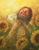 Seeds of Joy is a painting that depicts Jesus Christ holding a lamb amidst a field of sun flowers - Yongsung Kim | LDSArt.com | Christian Artwork