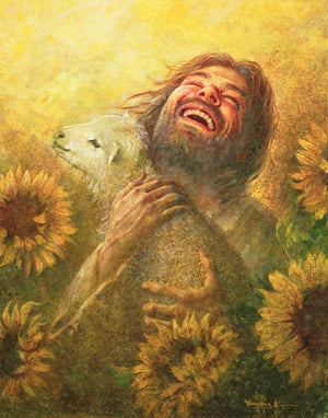 Seeds of Joy is a painting that depicts Jesus Christ holding a lamb amidst a field of sun flowers - Yongsung Kim | LDSArt.com | Christian Artwork