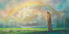 After the Storm is a painting that depicts Jesus Christ looking at a rainbow while holding a little lamb - Yongsung Kim | Havenlight | Christian Artwork