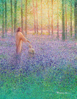 Walk With Me is a painting that depicts Jesus Christ walking in a meadow of purple flowers with one of His lambs - Yongsung Kim | LDSArt.com | Christian Artwork