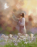 Prince of Peace is a painting that depicts Jesus Christ reaching up to touch a dove while walking with His flock - Yongsung Kim | LDSArt.com | Christian Artwork