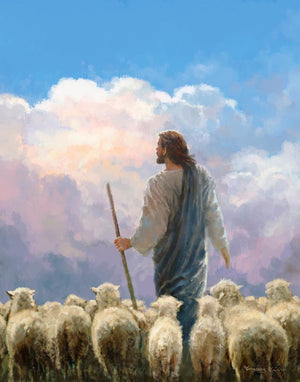 In His Keeping by Yongsung Kim Jesus Christ white robe blue robe staff sheep pink clouds blue clouds white fluffy clouds blue sky