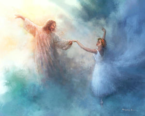 A Pas de Deux is a painting that depicts Jesus Christ dancing in the clouds with a ballerina - Yongsung Kim | LDSArt.com | Christian Artwork